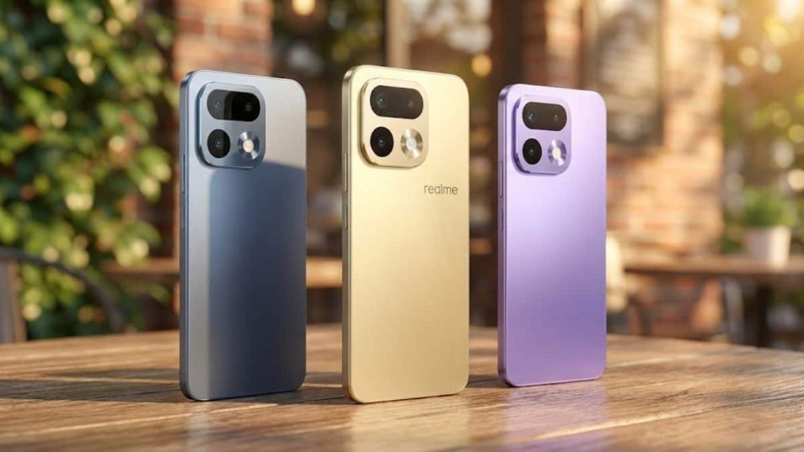 Trois smartphones realme 16 Pro+ de couleurs gris bleuté, or et violet alignés sur une table en bois en extérieur.