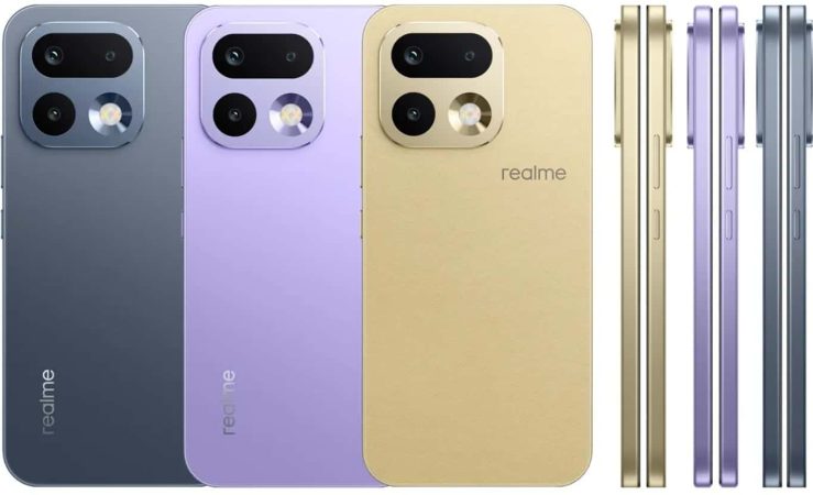 Gros plan sur les nouveaux smartphones Realme C67 en finitions violette et or avec leurs tranches, disponibles avec des offres de lancement en France.